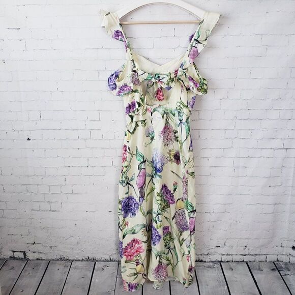 H&M Floral Bird Print Midi Sun Dress Open Back Size 4 NEW Yellow Ruffle Strap - Picture 8 of 13